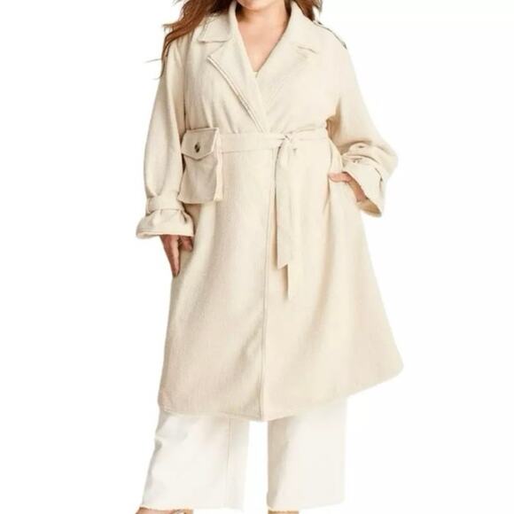 Future Collective Collab NWT Neutral Beige  Fringe Trench Coat 2x - Picture 1 of 10
